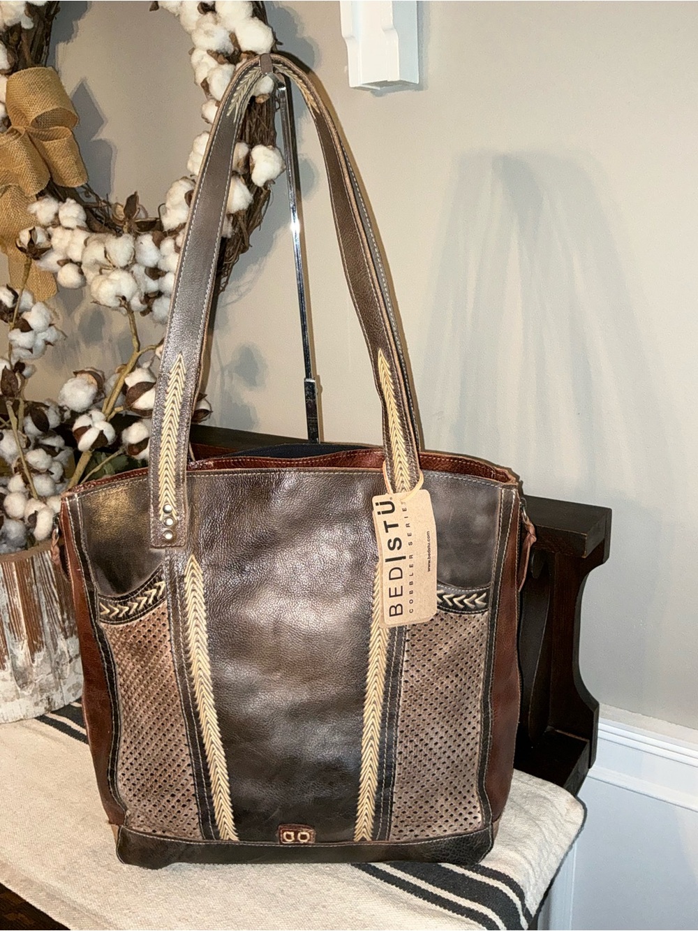 NWT Bed Stu Leather Amelie Expandable Shoulder Bag Tote Starry Night MSRP $365